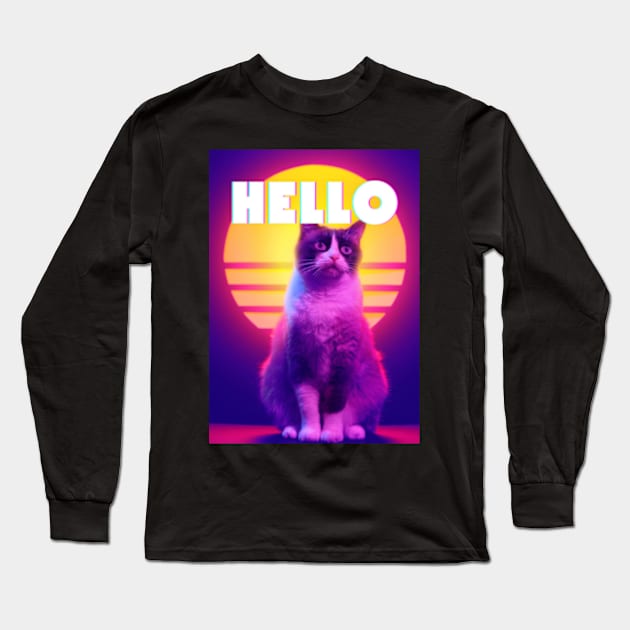 Hello Synthwave Retro Cat Long Sleeve T-Shirt by 80snerd